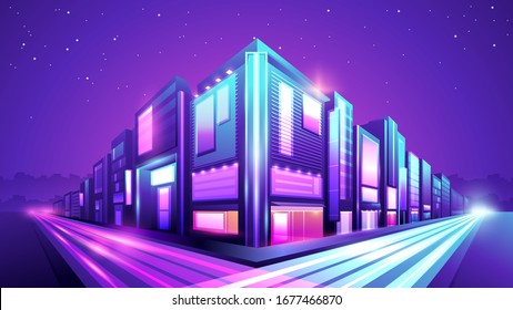 Vector gradient neon illustration of a street with shops in the city.