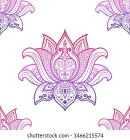 Vector gradient ornamental lotus seamless pattern isolated on white. Ethic boho style with patterns, pink and blue colors. Yoga, India template