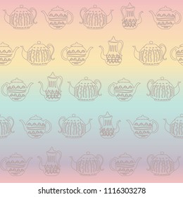 Vector gradient pastel color seamless pattern background of vintage teapots arranged in rows. Perfect for backdrops, scrap booking, fabric, invitations, gift wrap
