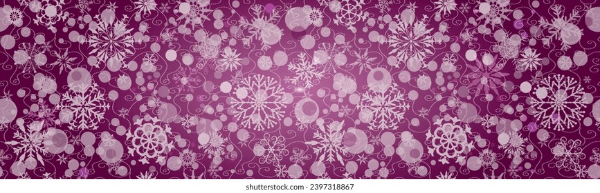 Vector gradient purple christmas seamless pattern with snowflakes and balls and bokeh