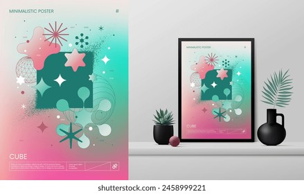 Vector gradient rave Poster with strange wireframes assets of geometrical shapes Y2K design inspired by brutalism and mockup in the interior, turquoise square with spray effect, particle explosion