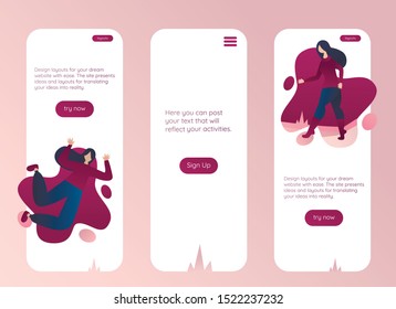 Vector gradient of set layout for app and page website design. Illustration for business design. Simple pink design. But on the model girl, buttons and text option.