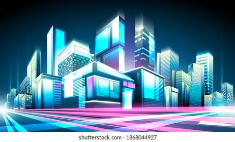 Vector gradient shining night street with shops and office buildings.