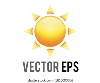 The vector gradient shinny orange sun emoji icon with eight triangular rays, represent sunny, warm, hot weather, light, heat, energy, life, outer space, astronomy, positive and happy feelings