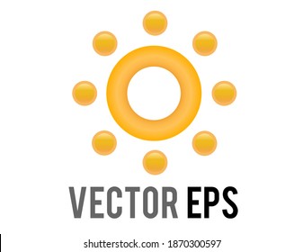 The vector gradient shinny orange sun icon with eight circle rays, represent sunny, warm, hot weather, light, heat, energy, life, outer space, astronomy, positive and happy feelings
