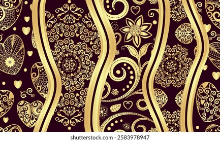 Vector gradient striped seamless floral and valentine pattern on dark. Golden background with curved stripes. For textile, wallpaper and packaging.
