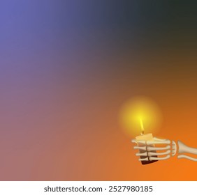 Vector gradient stylish background for Halloween.Skeleton hand holds candle in corner of background. Happy Halloween.Place for text