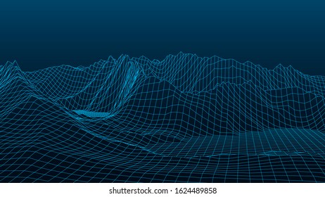 Vector gradient wireframe 3d landscape. Technology grid illustration. Network of connected dots and lines.