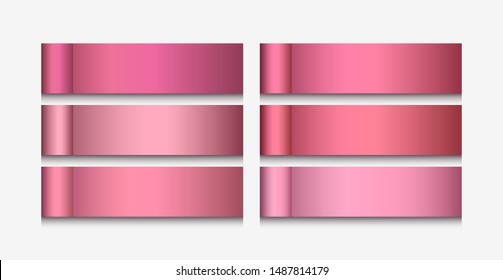 Vector gradients in various shades of gold rose color, set of foil paper ribbons isolated on white background, elegant collection of matte pink banners, decorative labels for luxury cosmetic design