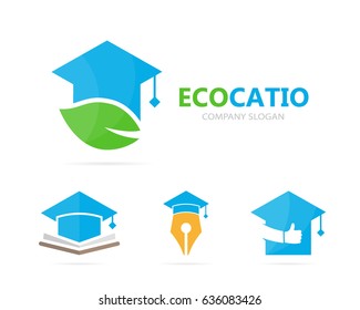 Vector of graduate hat and leaf logo combination. Study and eco symbol or icon. Unique organic college logotype design template.