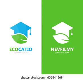 Vector of graduate hat and leaf logo combination. Study and eco symbol or icon. Unique organic college logotype design template.