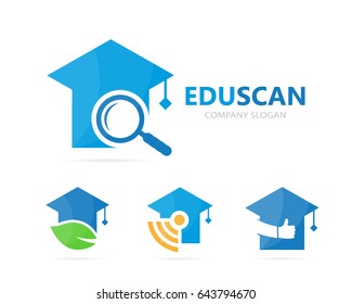 Vector of graduate hat and loupe logo combination. Study and magnifying glass symbol or icon. Unique college and search logotype design template.