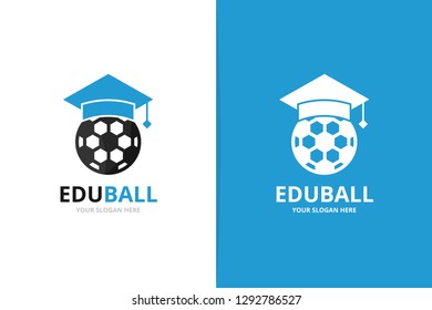 Vector graduate hat and soccer logo combination. Study and ball symbol or icon. Unique football college logotype design template.
