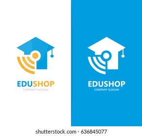 Vector of graduate hat and wifi logo combination. Study and signal symbol or icon. Unique college and radio, internet logotype design template.