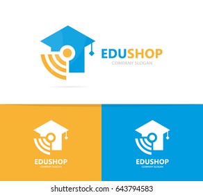 Vector of graduate hat and wifi logo combination. Study and signal symbol or icon. Unique college and radio, internet logotype design template.