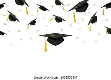 Vector graduation banner with ceremony caps in air on white background.