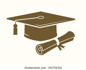 Vector Graduation Cap And Diploma Icon On Beige