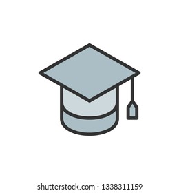 Vector graduation cap, education flat color line icon.