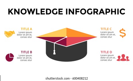 Vector graduation cap infographic, education diagram, knowledge chart, learn study graph presentation. Business write concept with 4 options, parts, steps, processes.
