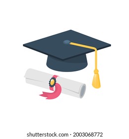 Vector graduation cap and rolled diploma. Degree ceremony and educational programs design elements. Flat design