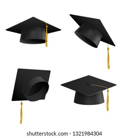Vector graduation cap with tassel, realistic mortar board set. Symbol of university graduation or science diploma obtaining. Academy achievement, educational ceremony sign. Isolated illustration