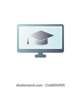 Vector graduation cap, university hat in desktop computer monitor icon. Symbol of university, college education and academic job. Master degree mortar with tassel. Isolated illustration