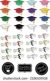 Vector graduation clipart with grad caps, diplomas, labels and cake toppers in popular school colors, grayscale, black and white for 2022