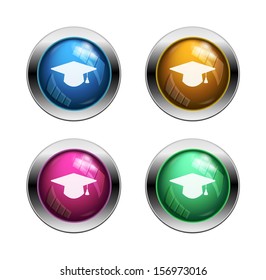 Vector graduation hat buttons: blue, yellow, green and pink