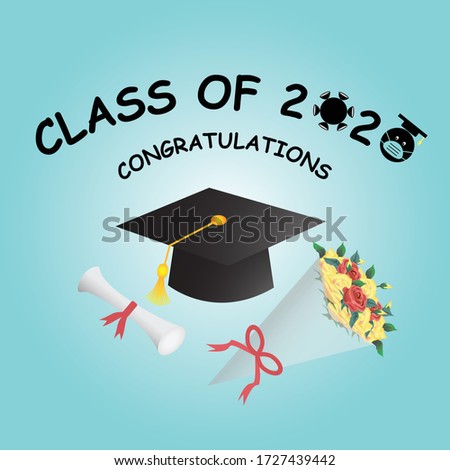 A vector of graduation hat, certificate and flowers with the word Class of 2020 replaced letter Os with coronavirus and a head wearing surgical mask.