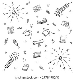 Vector graduation party symbols. Graduation items doodle. Black elements on white background such as square academic cap, fireworks, books and flowers.