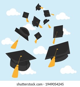 Vector a lot of graduation throws gard caps into the air, Flat Style Suitable for Web Landing Page, Banner, Sticker, Background.