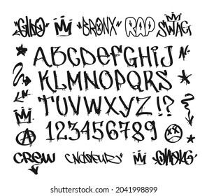 Vector Graffiti Doodle Type Font With Street Art Hip-Hop Tags Elements. Rap And Hip-hop Grunge  Hand Drawn Font