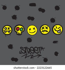 Vector graffiti emoji faces on gray background. Suitable for clothing and textile prints