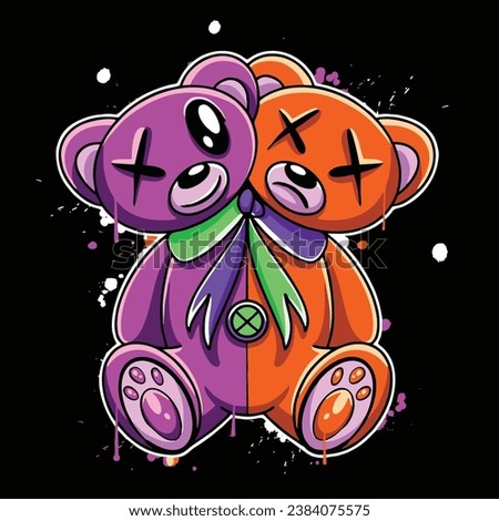 vector graffiti hand drawn half happy and half sad teddy bear designs for streetwear illustration