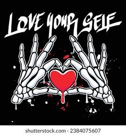 Vektor Graffiti handgezeichnetes Liebesskelett mit Slogan Liebe Ihre Selbstentwürfe für Streetwear Illustration