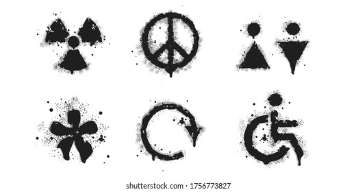 Vector graffiti icon set on white. Lettering sprayed with leak in black over white. Vector design street art.