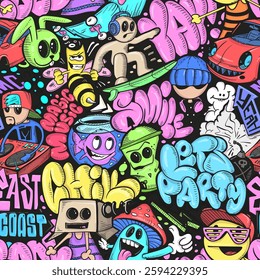 Vector graffiti illustration, seamless pattern. T-shirt design, textile, banner.