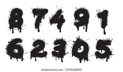 Números de graffiti de Vector en blanco. Letras rociadas con fugas en negro sobre blanco. Diseño de arte callejero