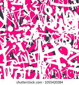 Vector graffiti seamless pattern with abstract colorful bright tags, letters without meaning. Fashion hand drawing texture, street art style, old school design for t-shirt, textile, wrapping paper