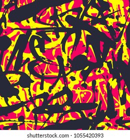 Vector graffiti seamless pattern with abstract colorful bright tags, letters without meaning. Fashion hand drawing texture, street art style, old school design for t-shirt, textile, wrapping paper