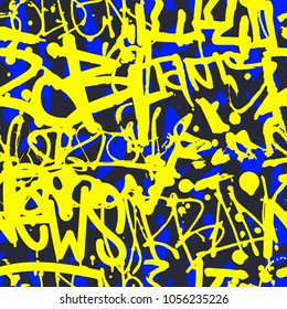 Vector graffiti seamless pattern with abstract colorful bright tags, letters without meaning. Fashion hand drawing texture, street art style, old school design for t-shirt, textile, wrapping paper