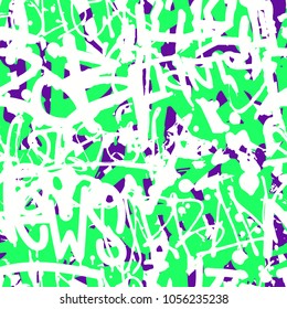 Vector graffiti seamless pattern with abstract colorful bright tags, letters without meaning. Fashion hand drawing texture, street art style, old school design for t-shirt, textile, wrapping paper