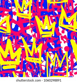 Vector graffiti seamless pattern with abstract colorful bright tags, letters without meaning. Fashion hand drawing texture, street art style, old school design for t-shirt, textile, wrapping paper