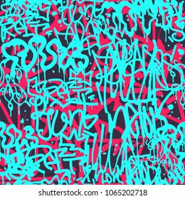 Vector graffiti seamless pattern with abstract colorful bright tags, letters without meaning. Fashion hand drawing texture, street art style, old school design for t-shirt, textile, wrapping paper