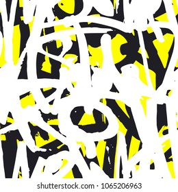 Vector graffiti seamless pattern with abstract colorful bright tags, letters without meaning. Fashion hand drawing texture, street art style, old school design for t-shirt, textile, wrapping paper