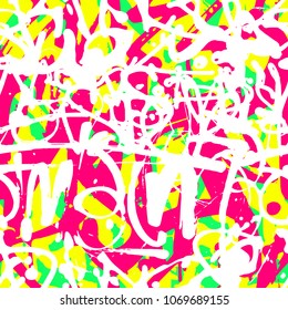 Vector graffiti seamless pattern with abstract colorful bright tags, letters without meaning. Fashion hand drawing texture, street art style, old school design for t-shirt, textile, wrapping paper