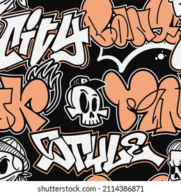 Vector graffiti seamless pattern  Abstract graffiti words   funny skull characters in doodle style isolated black  Street art background  Use for poster  t  shirt design  textile  wrapping paper 