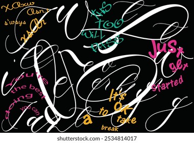 Vector graffiti seamless pattern with abstract tags, dry brush ink artistic modern calligraphy slogan. Urban street graffiti art seamless pattern, Handdrawn  design pattern, abstract lettering pattern