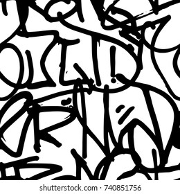 Vector graffiti seamless pattern with abstract tags, letters without meaning. Fashion hand drawing texture, street art retro style, old school design for t-shirt, textile, wrapping paper, black white