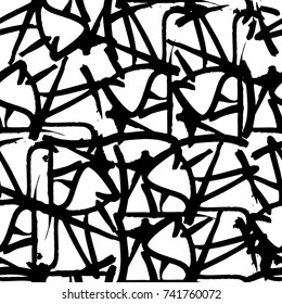 Vector graffiti seamless pattern with abstract tags, letters without meaning. Fashion hand drawing texture, street art retro style, old school design for t-shirt, textile, wrapping paper, black white